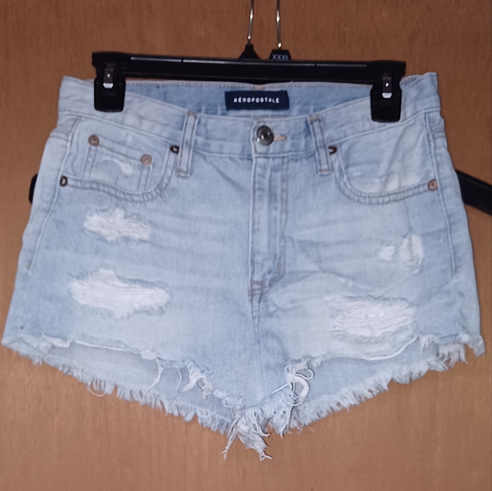 Women's Aeropostale, light wash,  distressed,  high-rise, shorty jean shorts